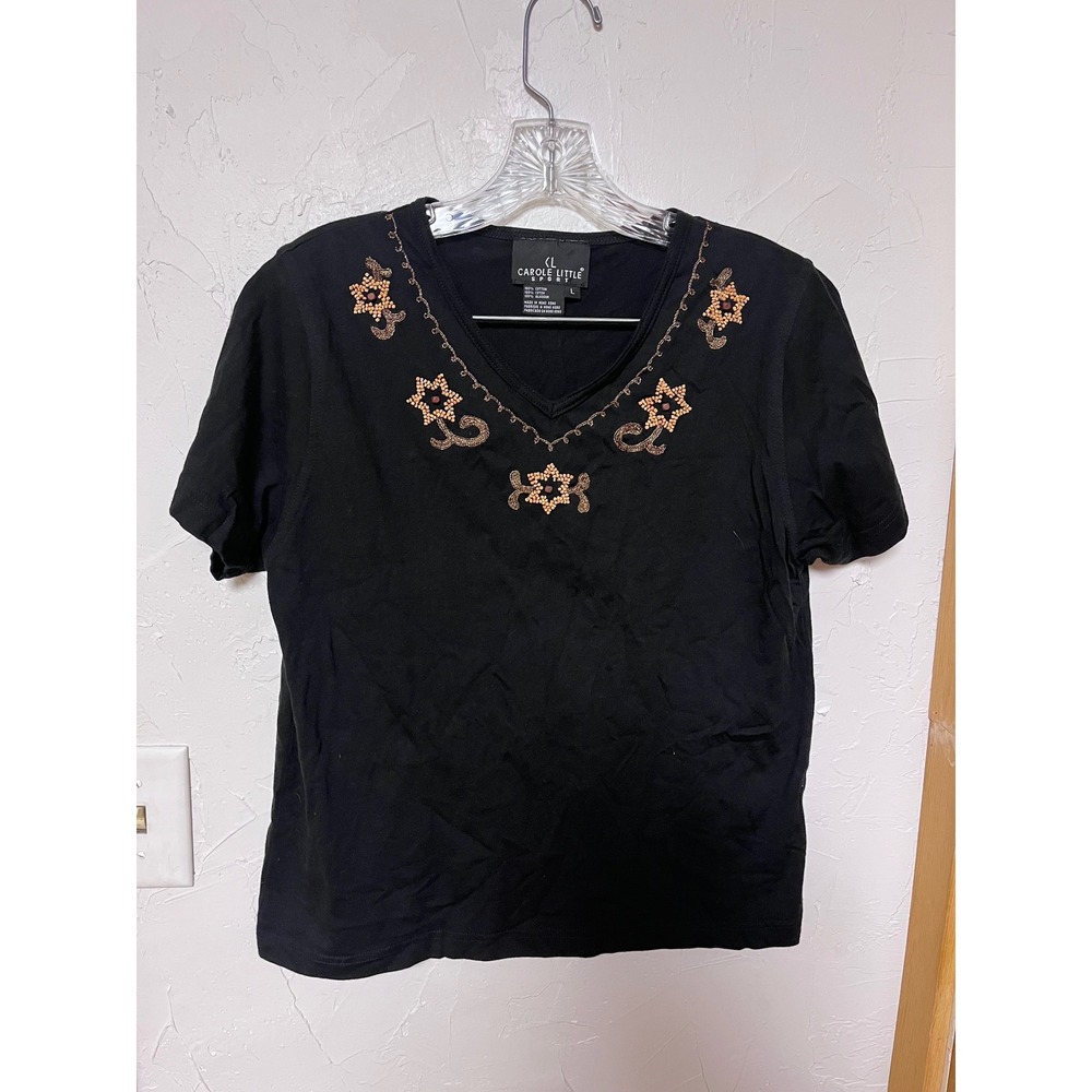 Carole Little Sport Black Beaded‎ Floral V-Neck Cotton Tee Shirt Womens Large